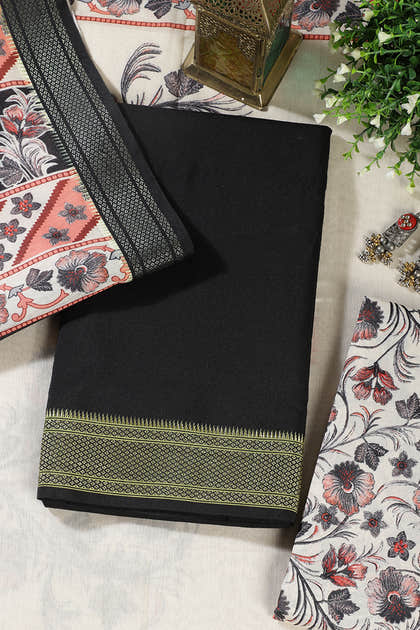 Black Cotton Unstitched Suit Material With Floral Printed Dupatta & Salwar