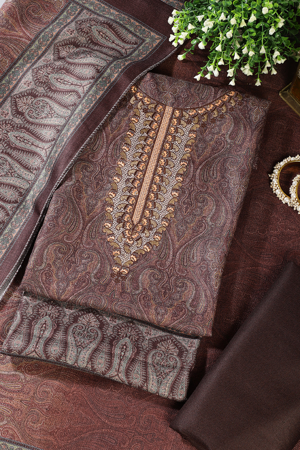 Brown Pashmina Printed And Neck Embroidered Unstitched Suit Material