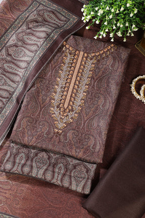 Brown Pashmina Printed And Neck Embroidered Unstitched Suit Material