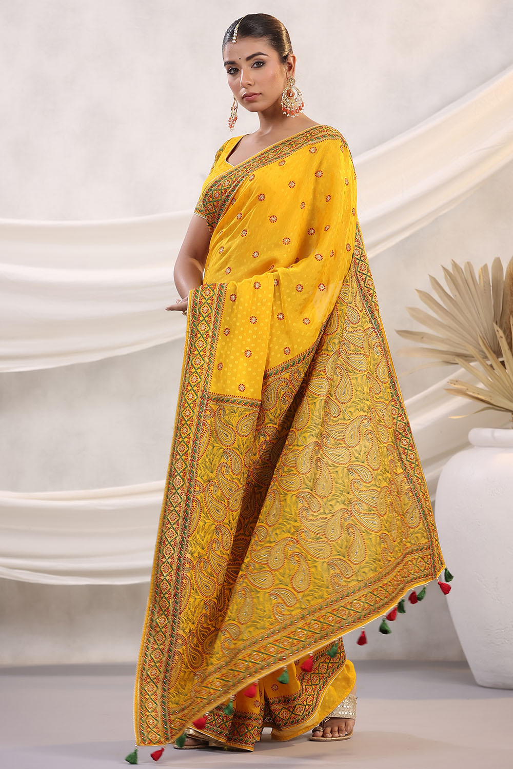 Mustard Color Embroidered Georgette Saree