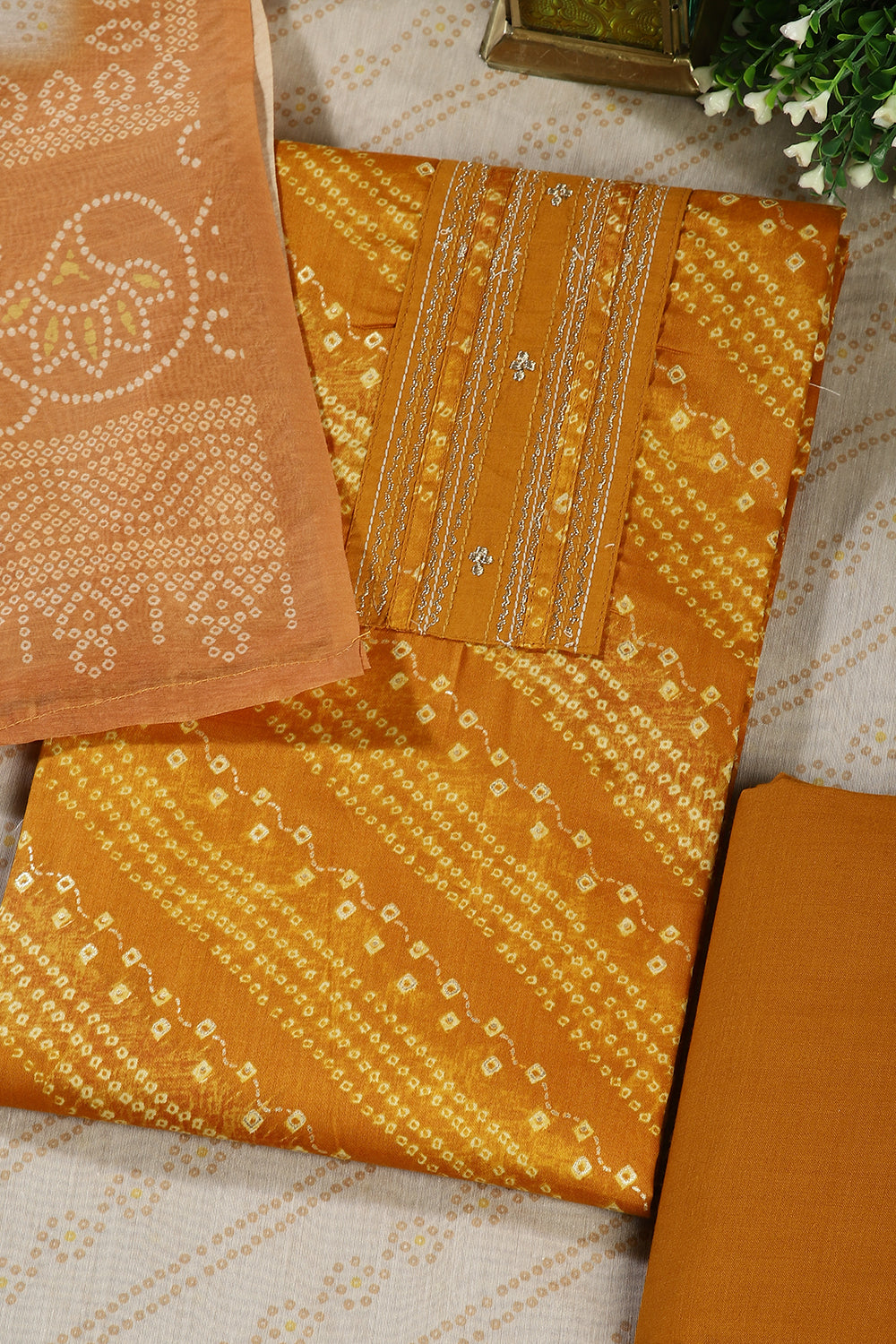 Mustard Color Cotton Bandhani printed Unstitched Suit Fabric