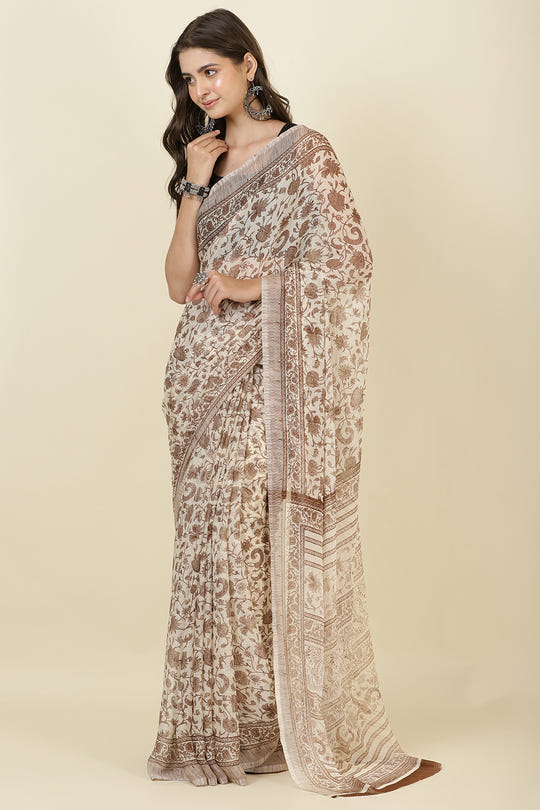 White & Brown Georgette Floral Printed Saree