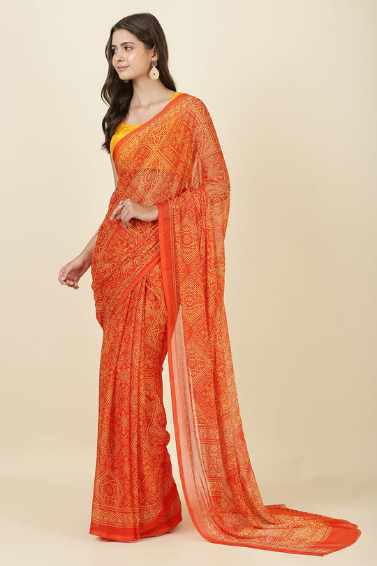 Orange Georgette Bandhani Printed Saree