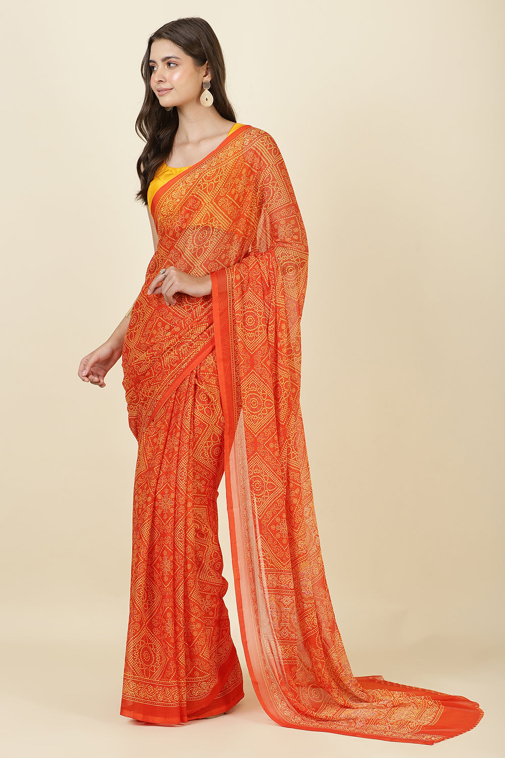 Orange Georgette Bandhani Printed Saree