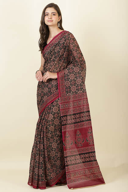 Black & Wine Cotton Bagru Printed Saree