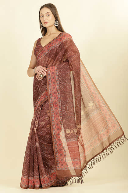 Brown Organza Cotton Bandhani Block Printed Saree