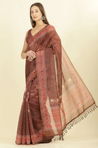 Brown Organza Cotton Bandhani Block Printed Saree