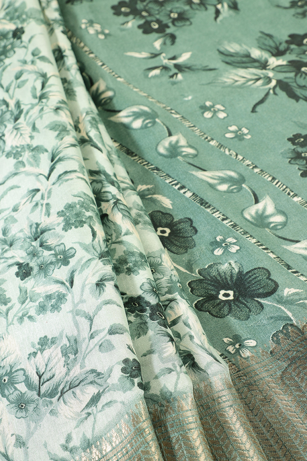 Sea Green Floral Printed Cotton Silk Saree