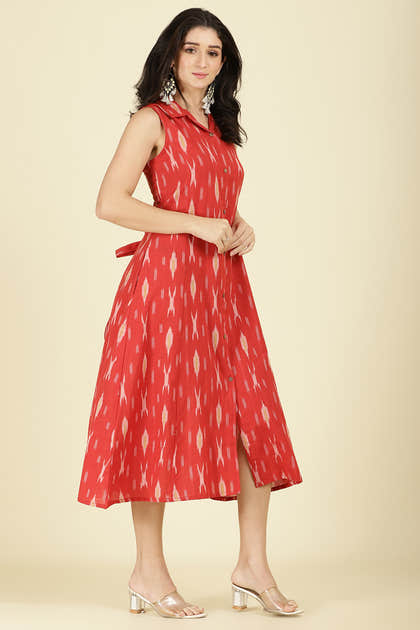Red Cotton Ikat Printed Peonies Dress