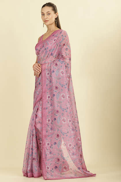Muted Pink Organza Floral Printed And Lace Work Saree