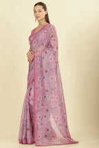 Muted Pink Organza Floral Printed And Lace Work Saree