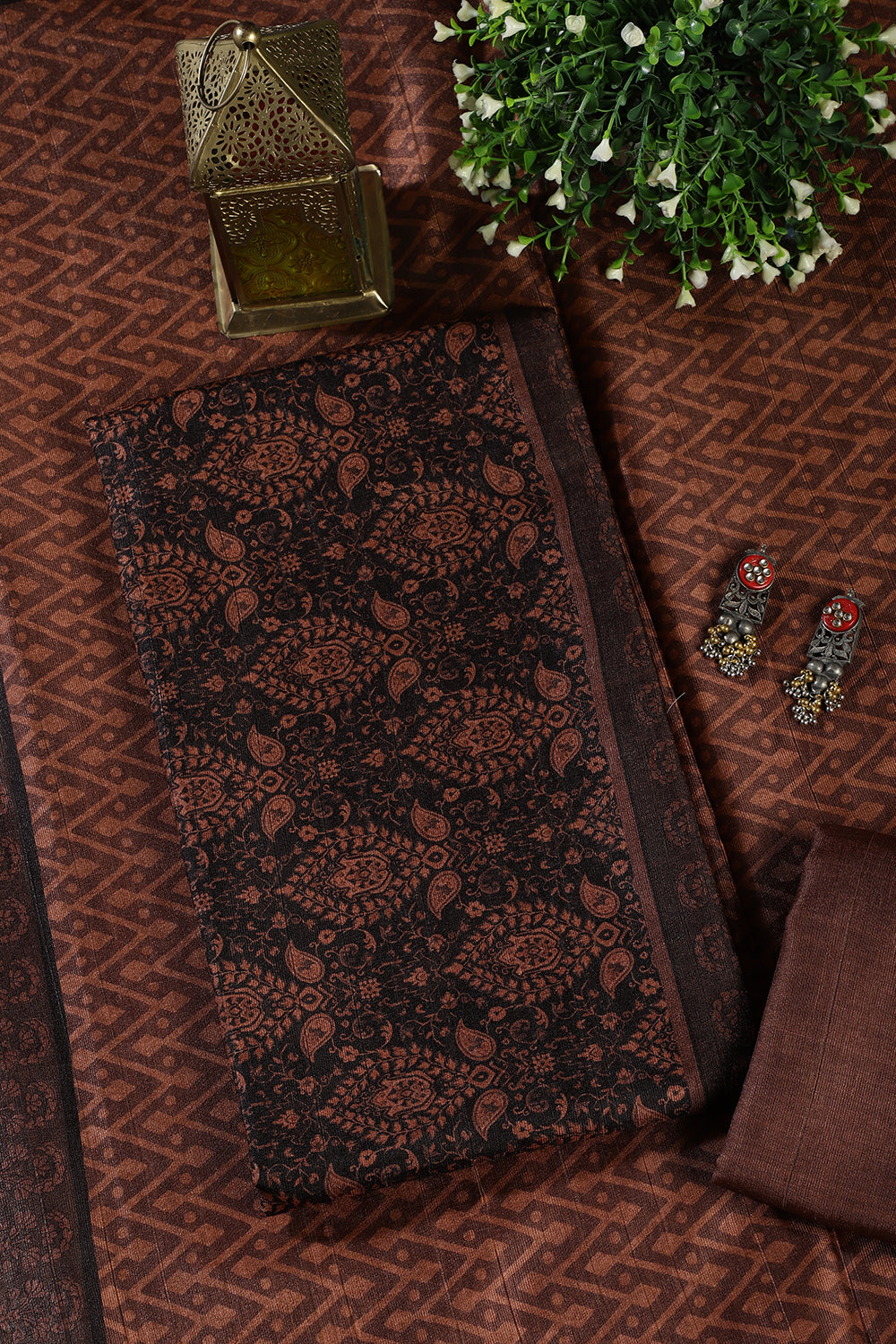 Brown And Black Digital Printed Chanderi Cotton Unstiched Suit Material
