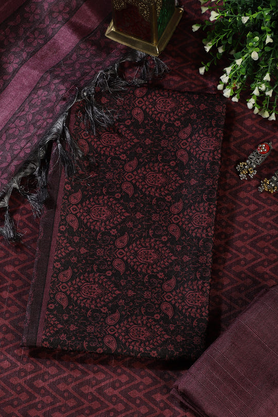 Wine And Black Digital Printed Chanderi Cotton Unstiched Suit Material