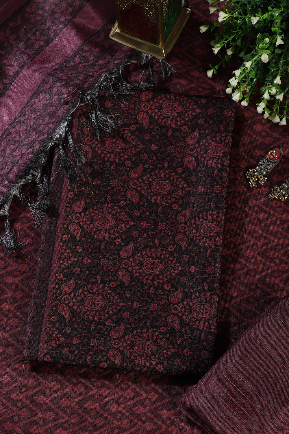 Wine And Black Digital Printed Chanderi Cotton Unstiched Suit Material