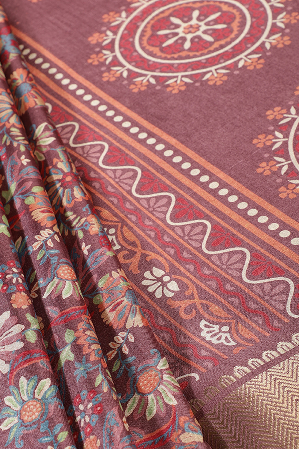 Wine Colour Floral Printed Cotton Silk Saree