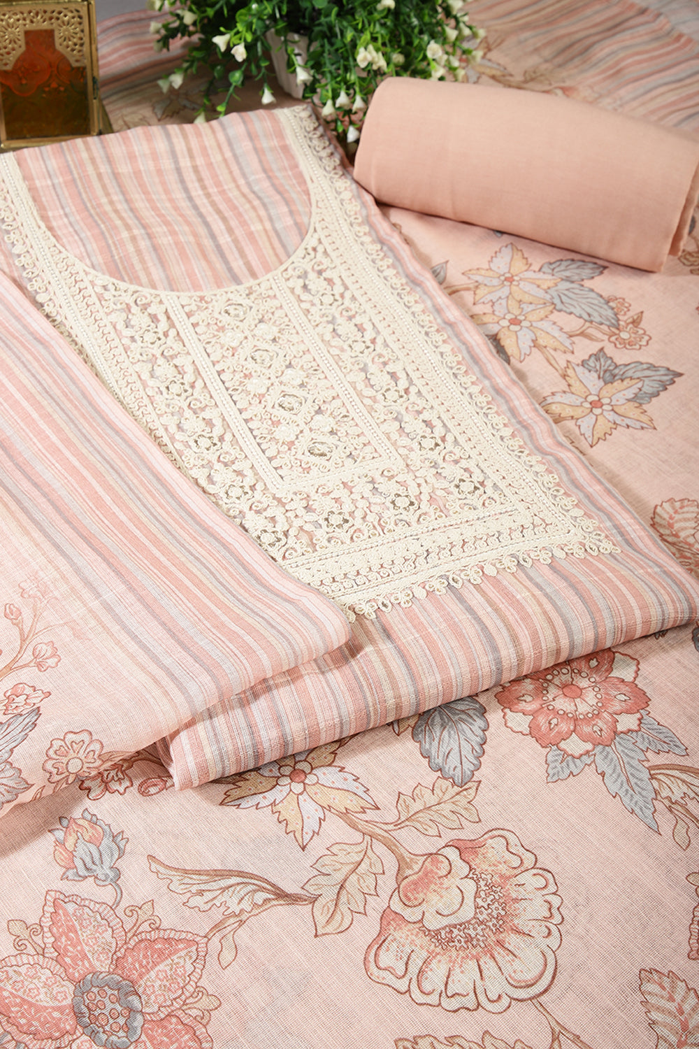Peach Color Linen Cotton Embroidery Unstitched Suit Material