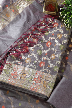 Grey Chanderi Silk Resham And Zari Woven Unstitched Suit Material