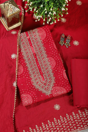 Rani Cotton Bandhani Printed & Neck Embroidered Unstitched Suit