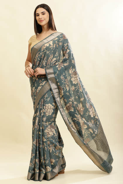 Sea Green Cotton Silk Floral Printed & Zari Border Saree