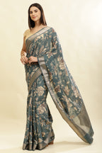 Sea Green Cotton Silk Floral Printed & Zari Border Saree