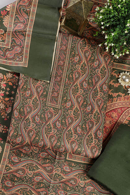 Green Color Pashmina Digital Printed Unstitched Suit Material