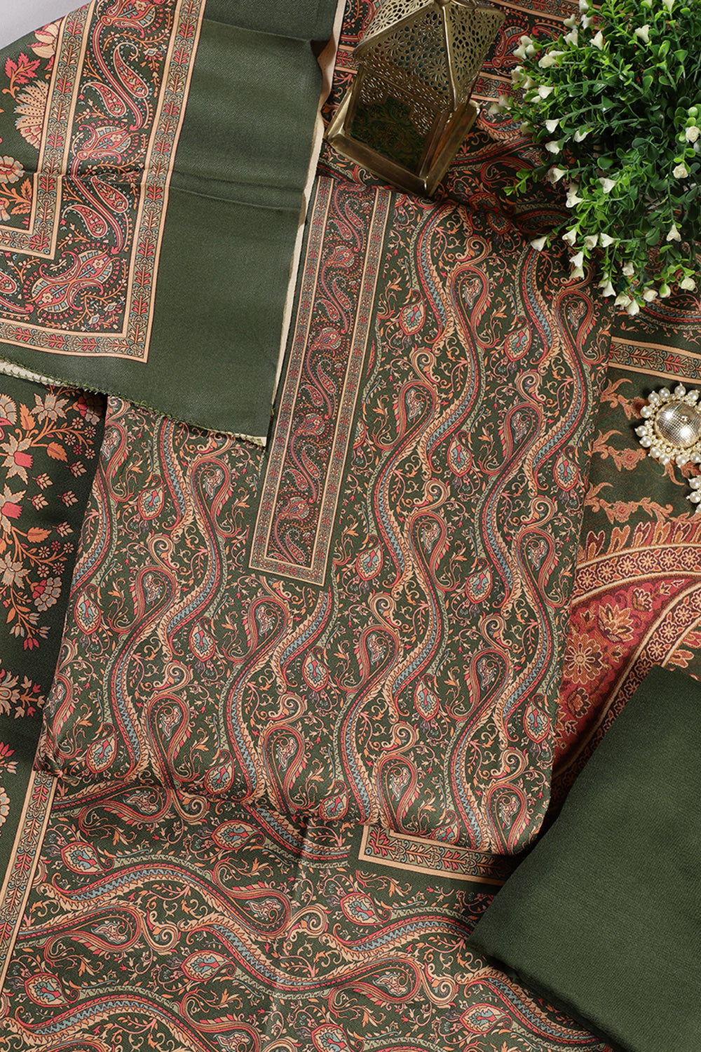 Green Color Pashmina Digital Printed Unstitched Suit Material