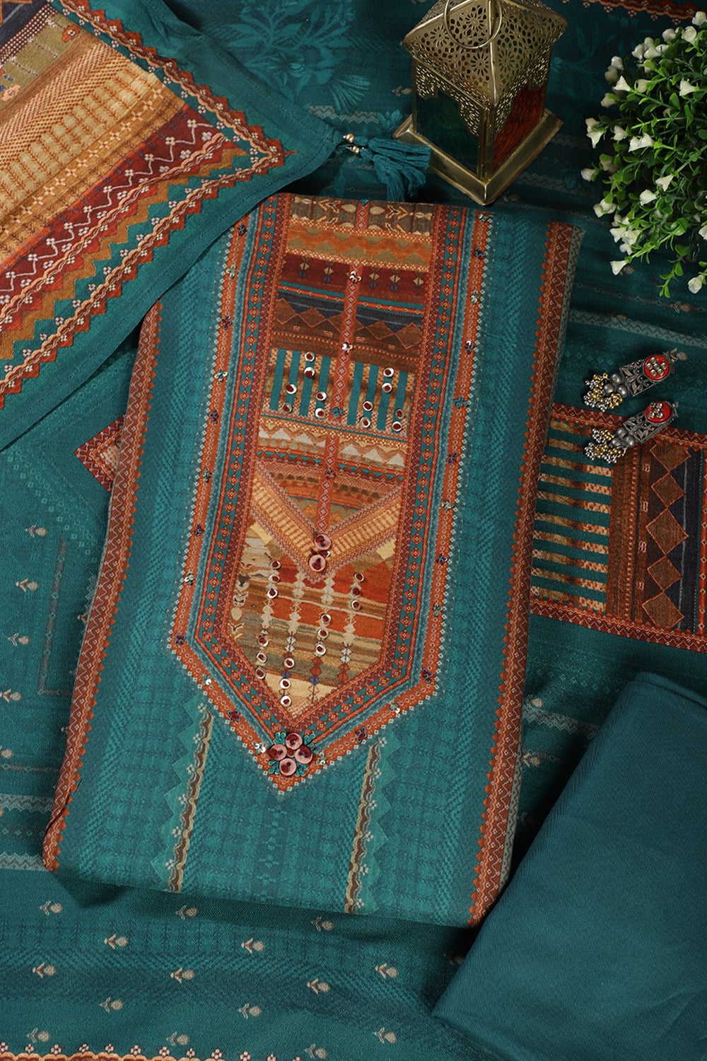 Teal Printed Spun Unstitched Suit Material