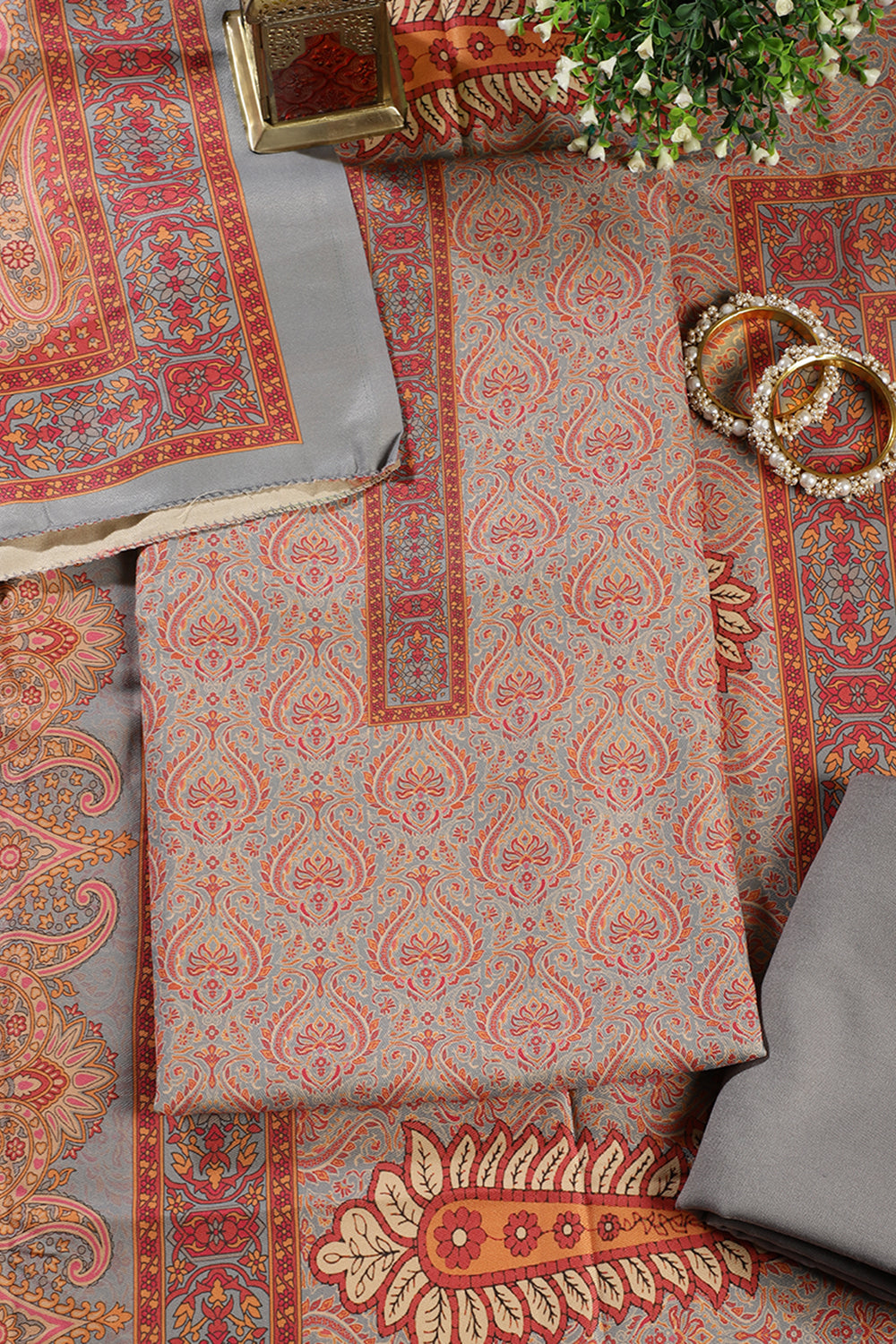 Grey Pashmina Digital Printed Unstitched Suit Fabric