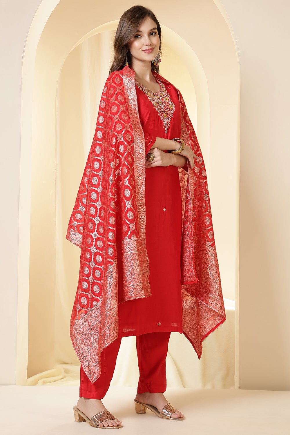 Red Color Silk Neck Embroidered Suit Set