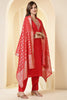 Red Color Silk Neck Embroidered Suit Set