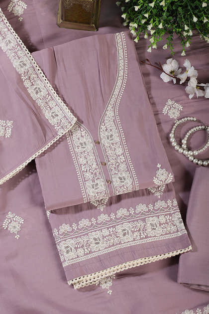 Mauve Muslin Resham Embroidered Unstitched Suit Material