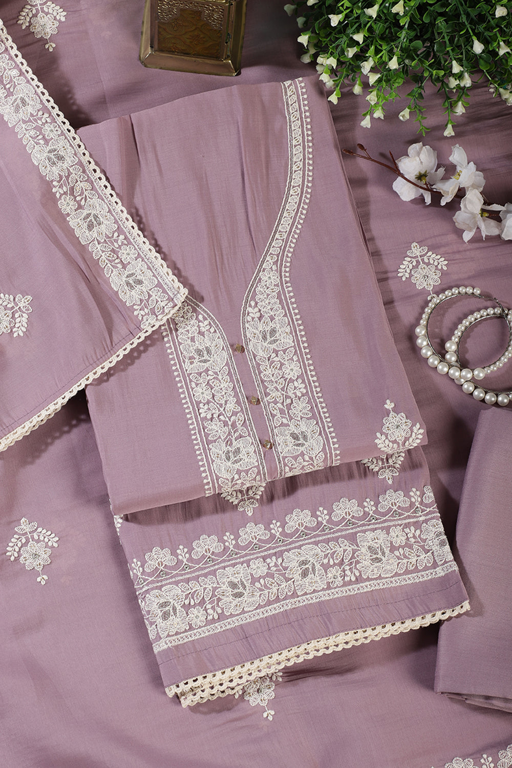 Mauve Muslin Resham Embroidered Unstitched Suit Material