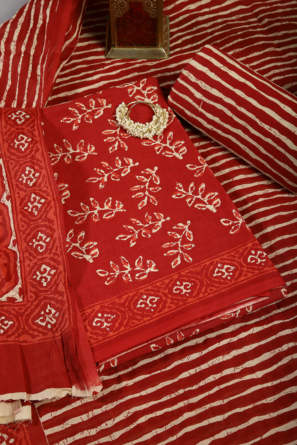 Red Color Cotton Printed Unstitched Suit