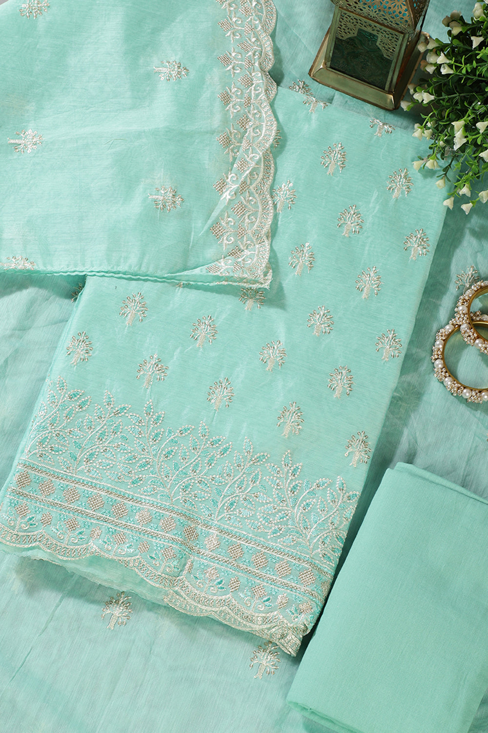 Mint Green Chanderi Silk Embroidered Unstitched Suit Material