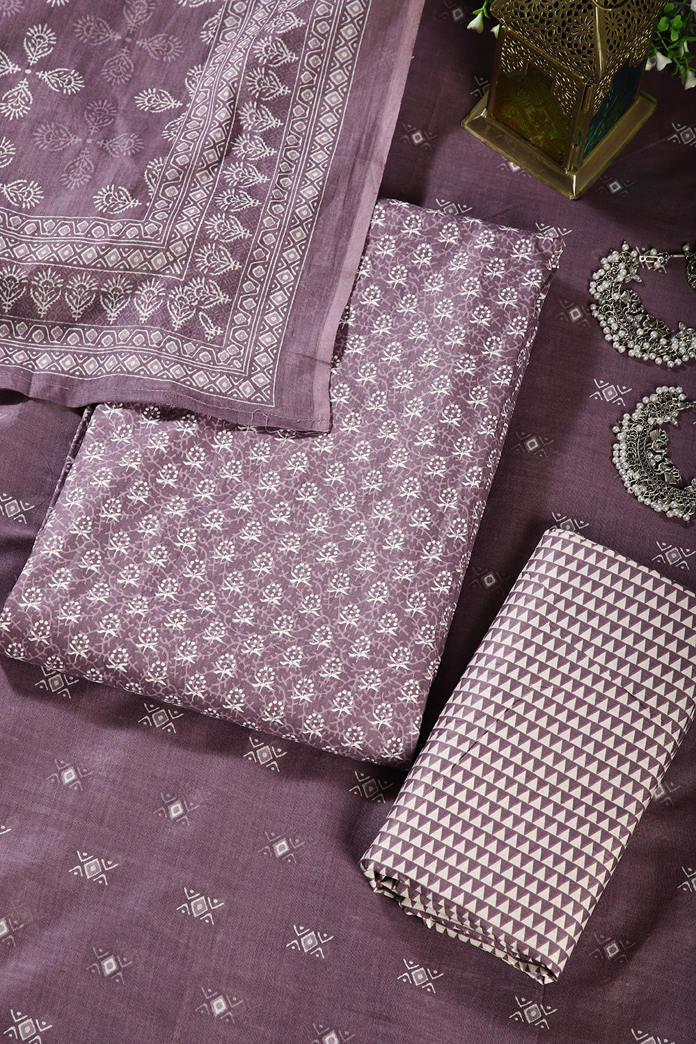 Purple Color Cotton Printed Unstitched Suit