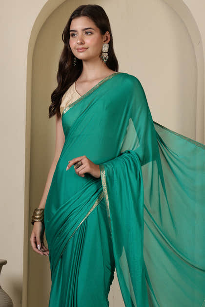 Teal Chiffon Zari Border Saree