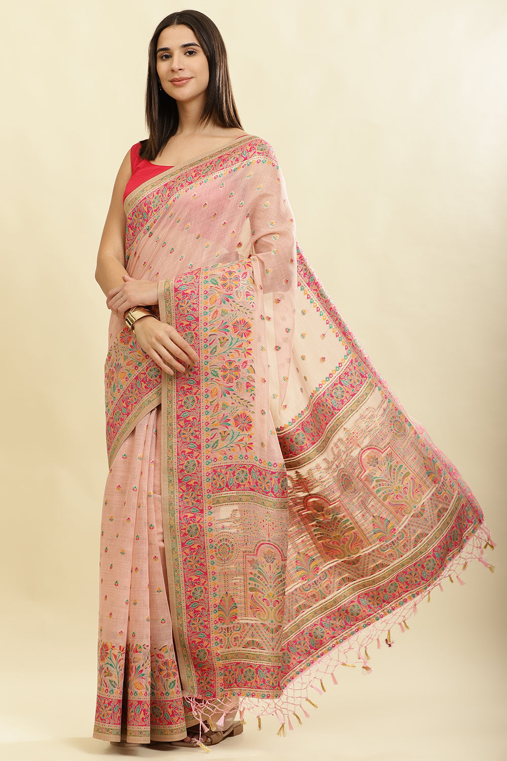 Pink Chanderi Cotton kashida Weaves Saree