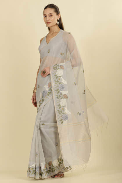 Grey Kota Cotton Floral Resham Embroidered And Zari Woven Saree