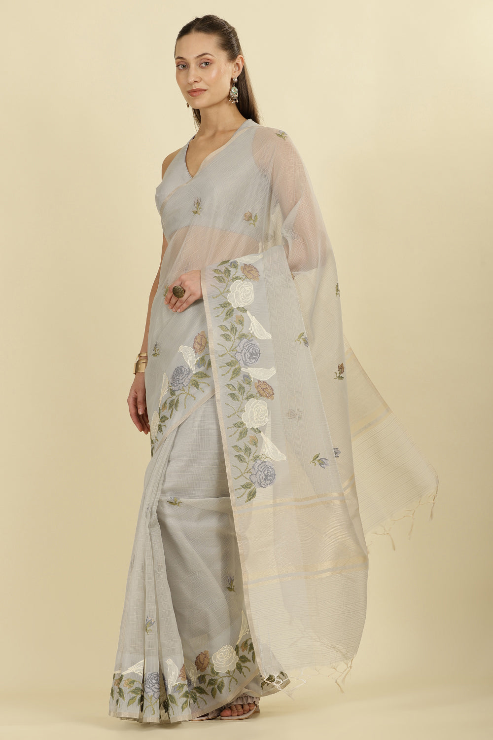 Grey Kota Cotton Floral Resham Embroidered And Zari Woven Saree