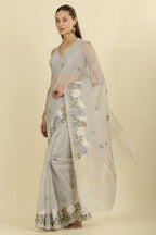 Grey Kota Cotton Floral Resham Embroidered And Zari Woven Saree