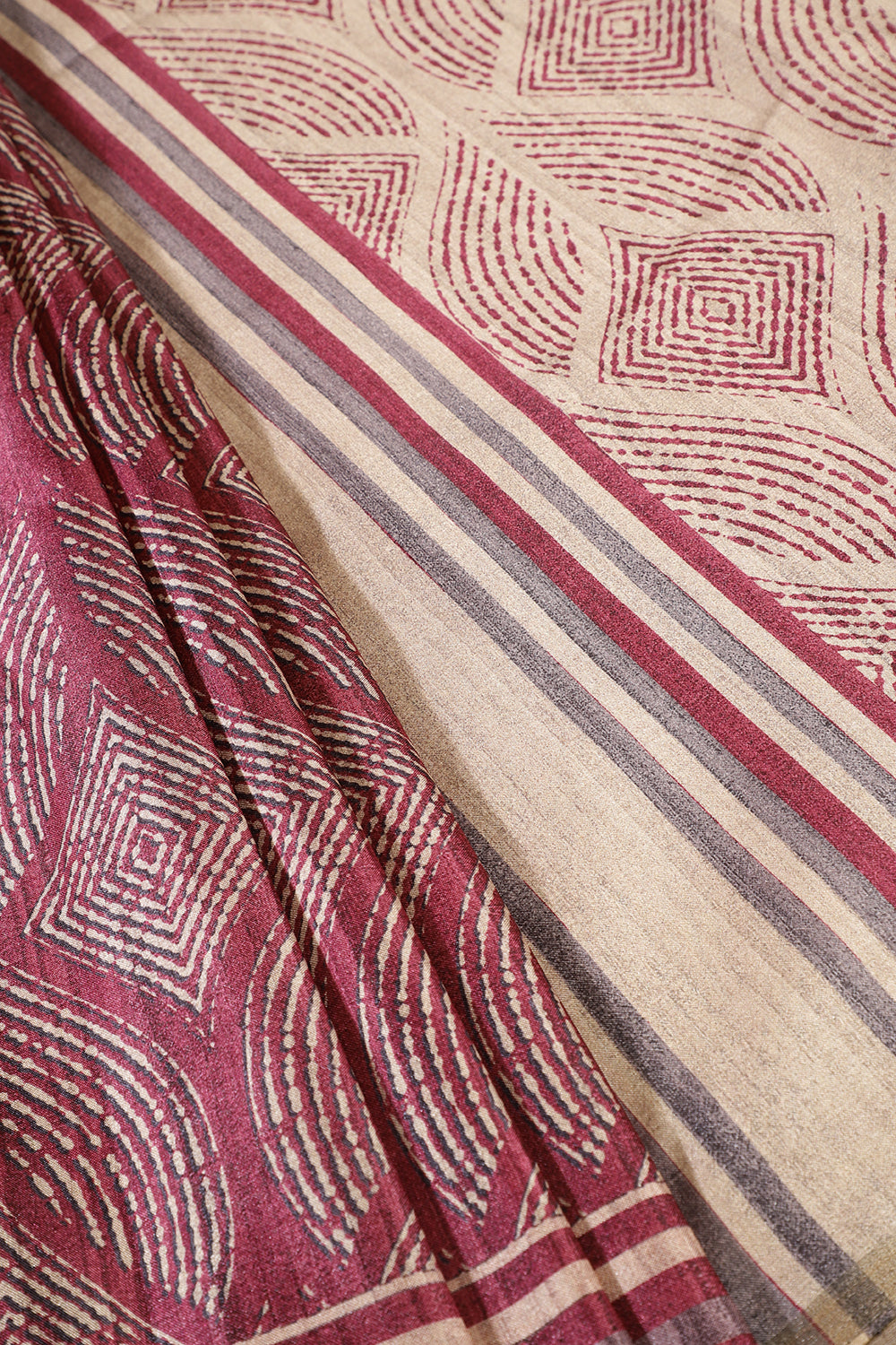 Beige & Wine Tussar Silk Printed Saree