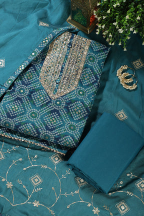 Blue Cotton Bandhani Printed & Neck Embroidered Unstitched Suit Fabric