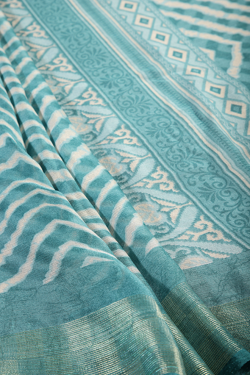 Firozi Color Chiffon Leheriya Printed Saree