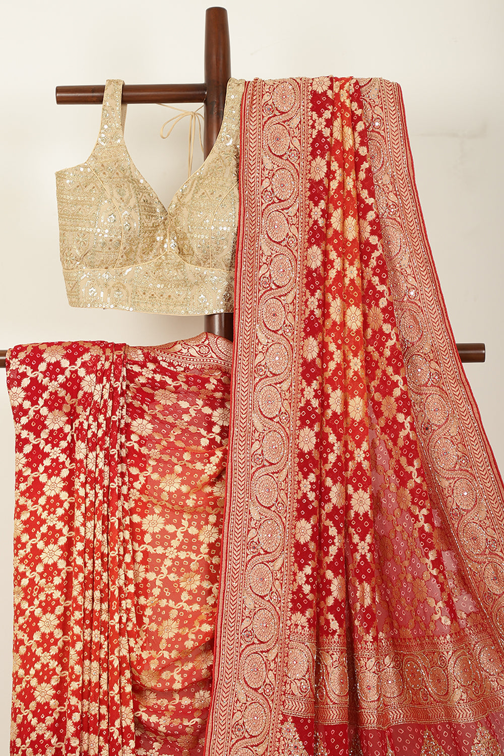 Red Pure Khaddi Georgette Banarasi Saree with Zardozi & Cutdana Handwork