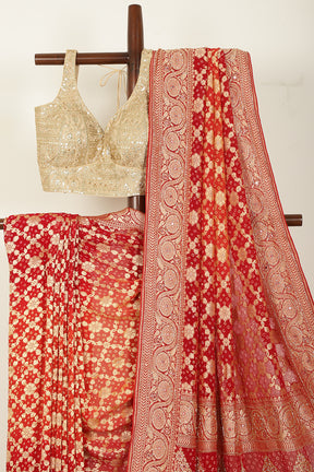 Red Pure Khaddi Georgette Banarasi Saree with Zardozi & Cutdana Handwork