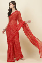 Red Georgette Bandhani Printed Saree