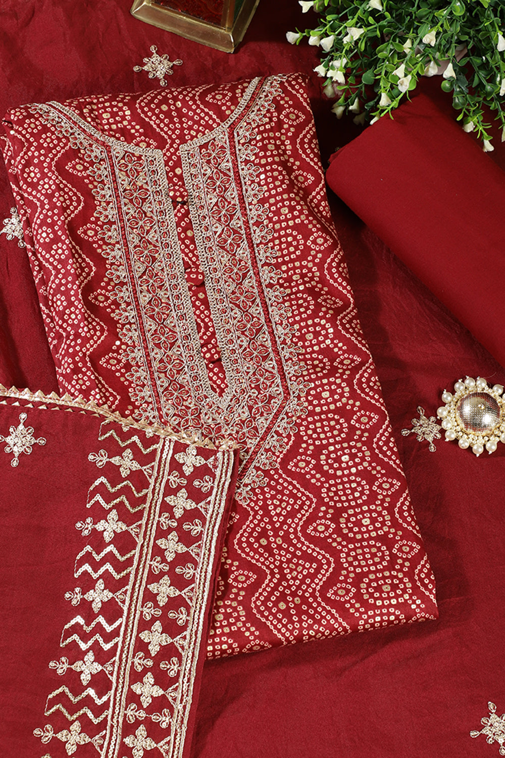 Maroon Cotton Bandhani Printed & Neck Embroidered Unstitched Suit