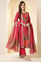Fushia Pink Color Printed Silk Embroidered Suit Set