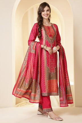 Fushia Pink Color Printed Silk Embroidered Suit Set