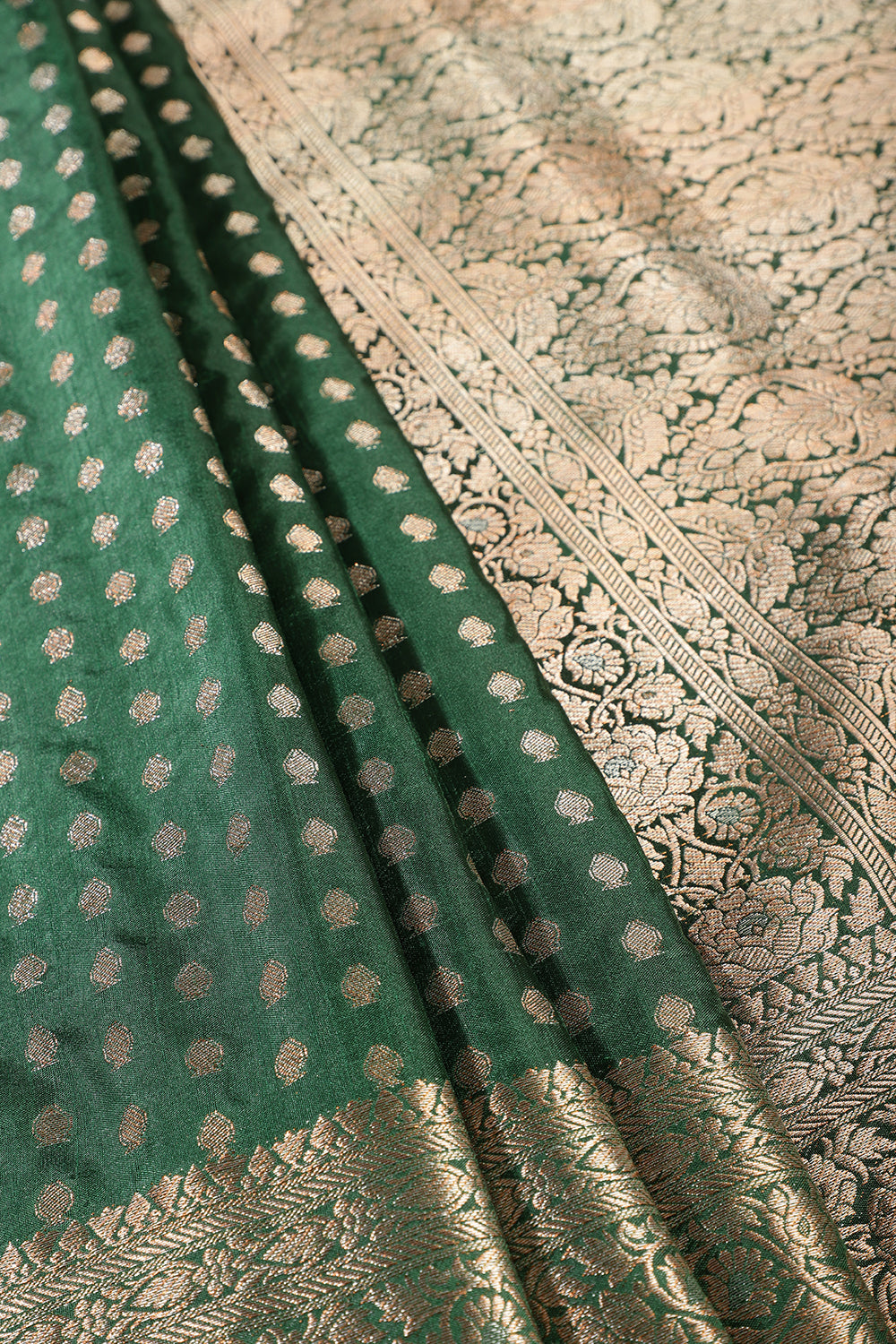 Bottle Green Zari Banarasi Woven Silk Saree